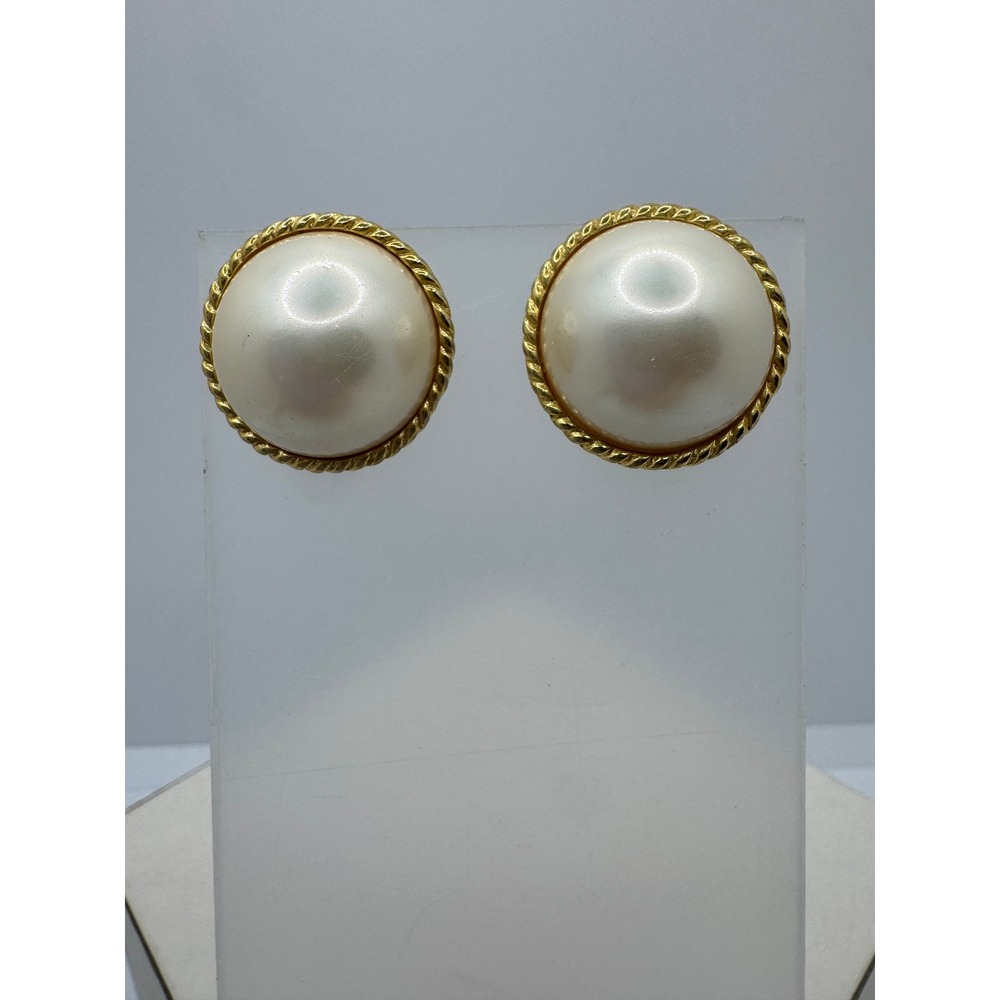 Vintage Gold Tone Faux Pearl Stud Earrings Rope Border Round Cabochon Large